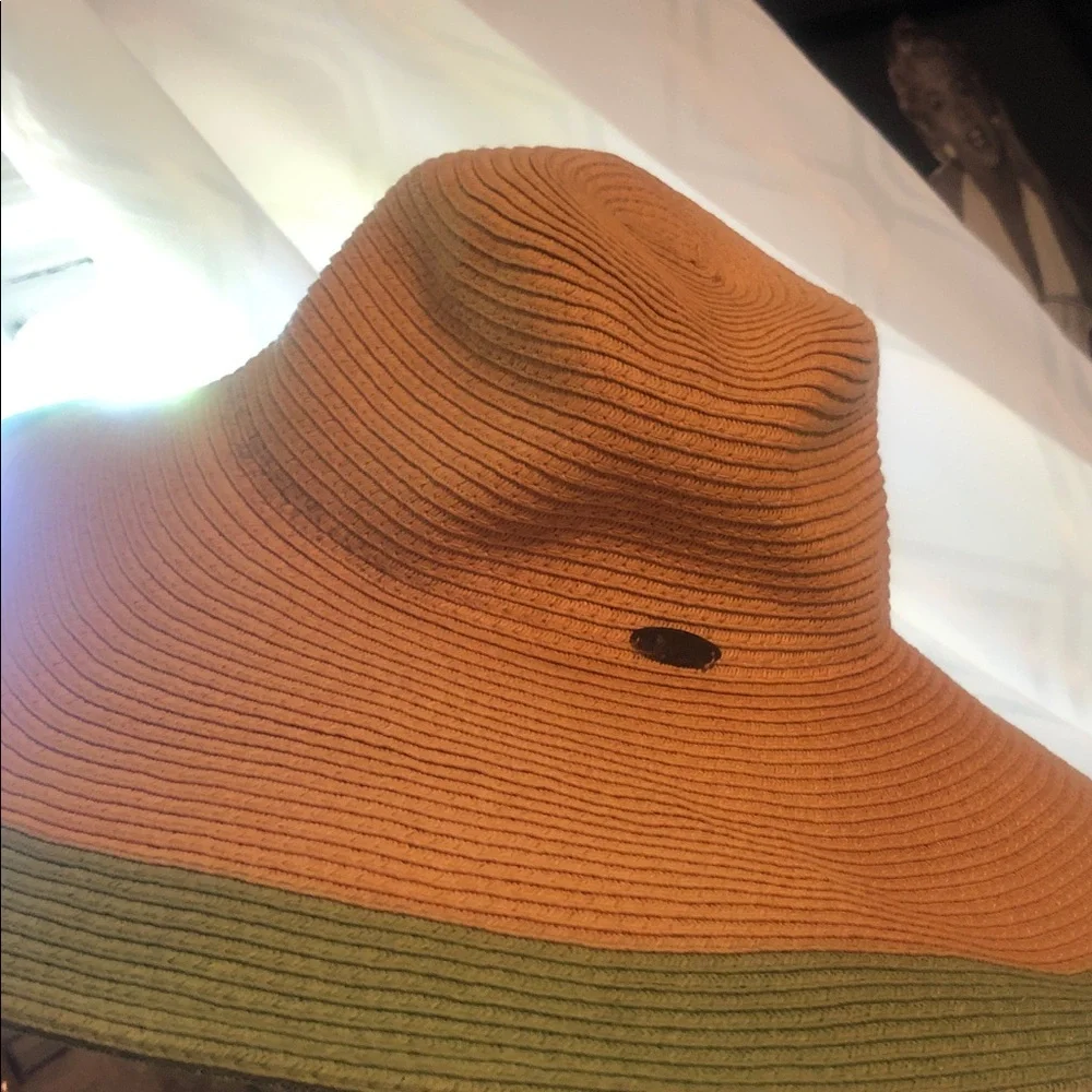 Woman’s tan spring summer Papillon floppy Blanc Straw Hat with Bright Green Trim